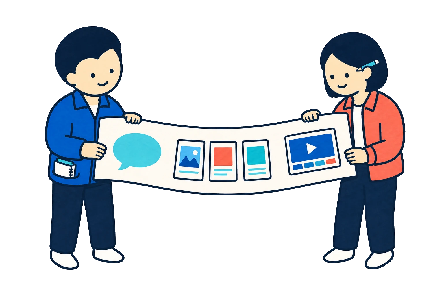 話を聞き、内容を整理し、動画とWebを一緒につくる姿勢を表したイラスト