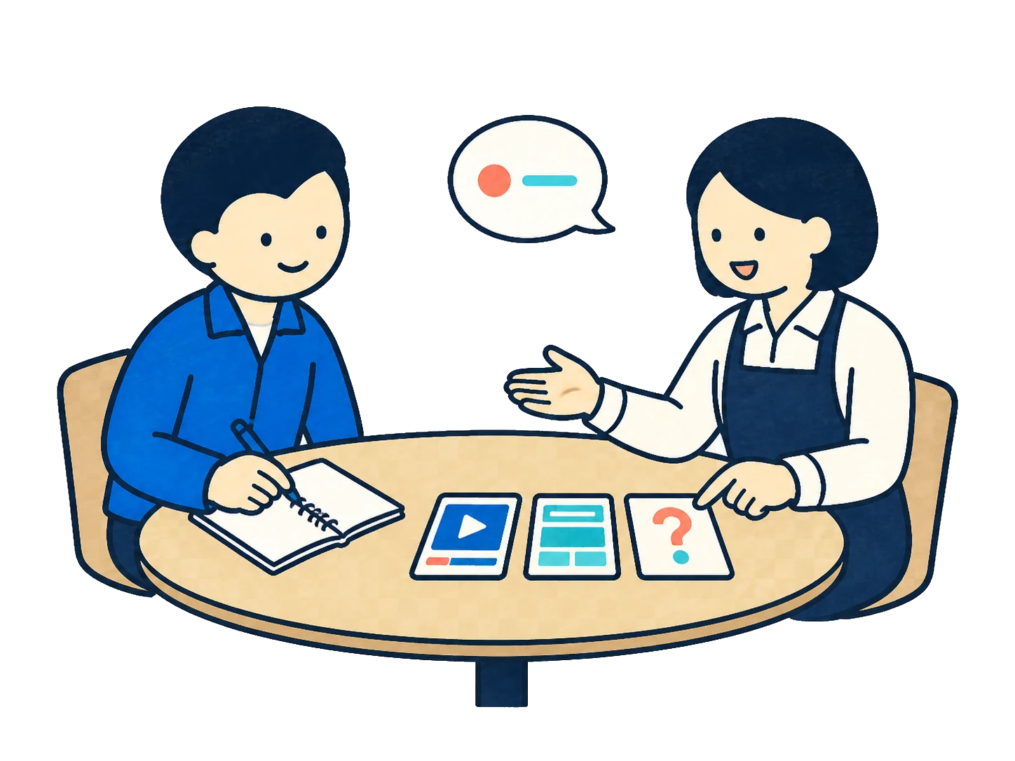 事業者の話を聞きながら動画とWebの方向性を整理するイラスト