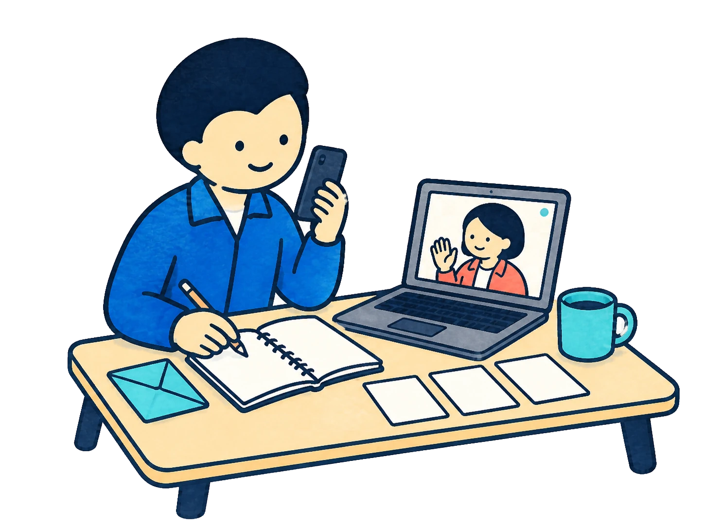 電話とビデオ通話で相談を受ける制作者のイラスト