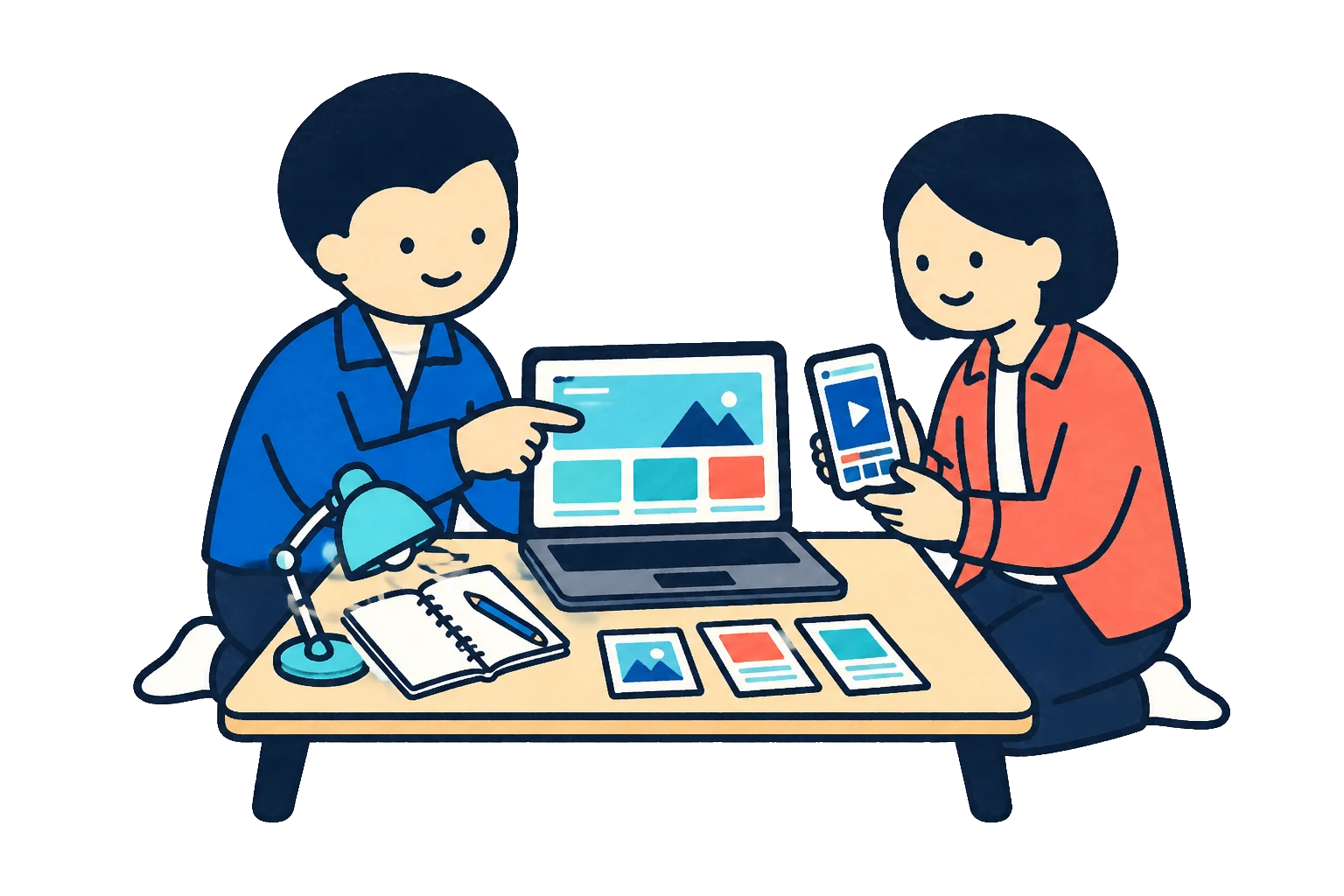 動画とWebの企画を一緒に考える2人の制作者のイラスト