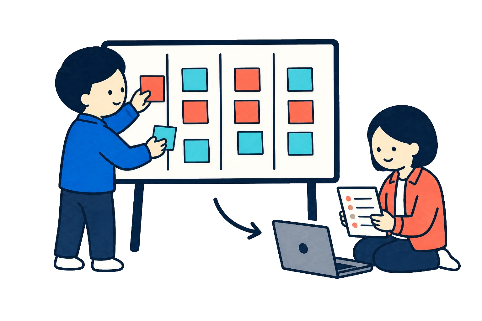 動画とWebの制作内容を机上で整理する人物のイラスト