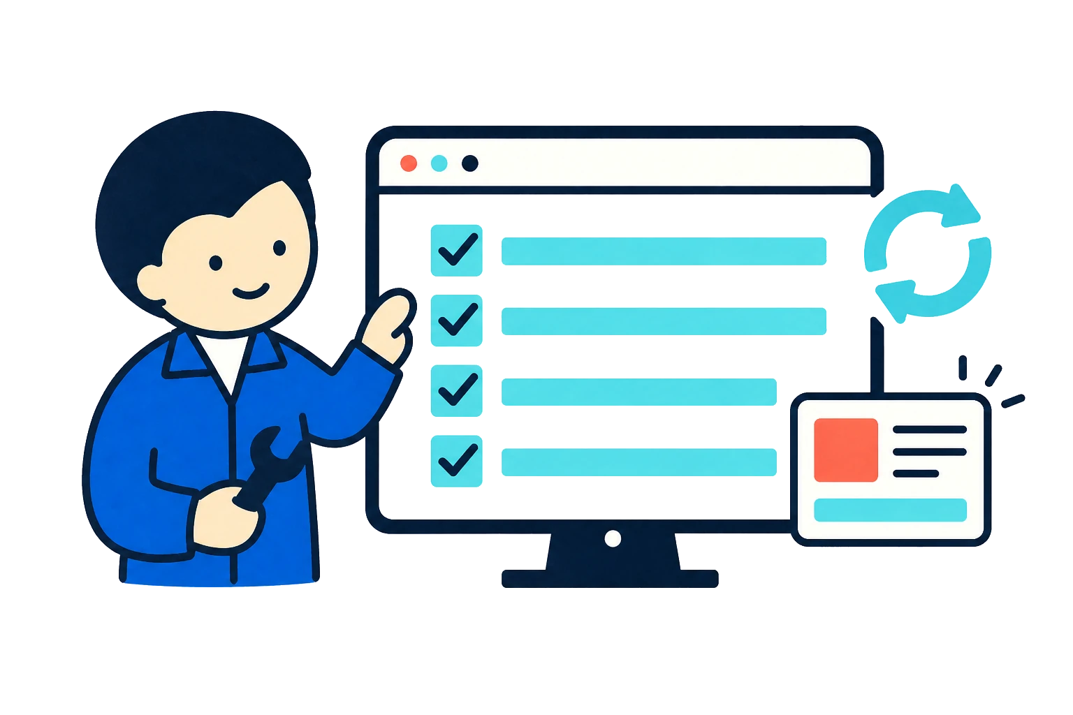Webサイトの更新内容を確認する担当者のイラスト