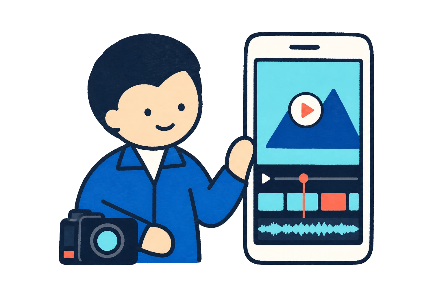 縦型動画を撮影・編集する人物のイラスト
